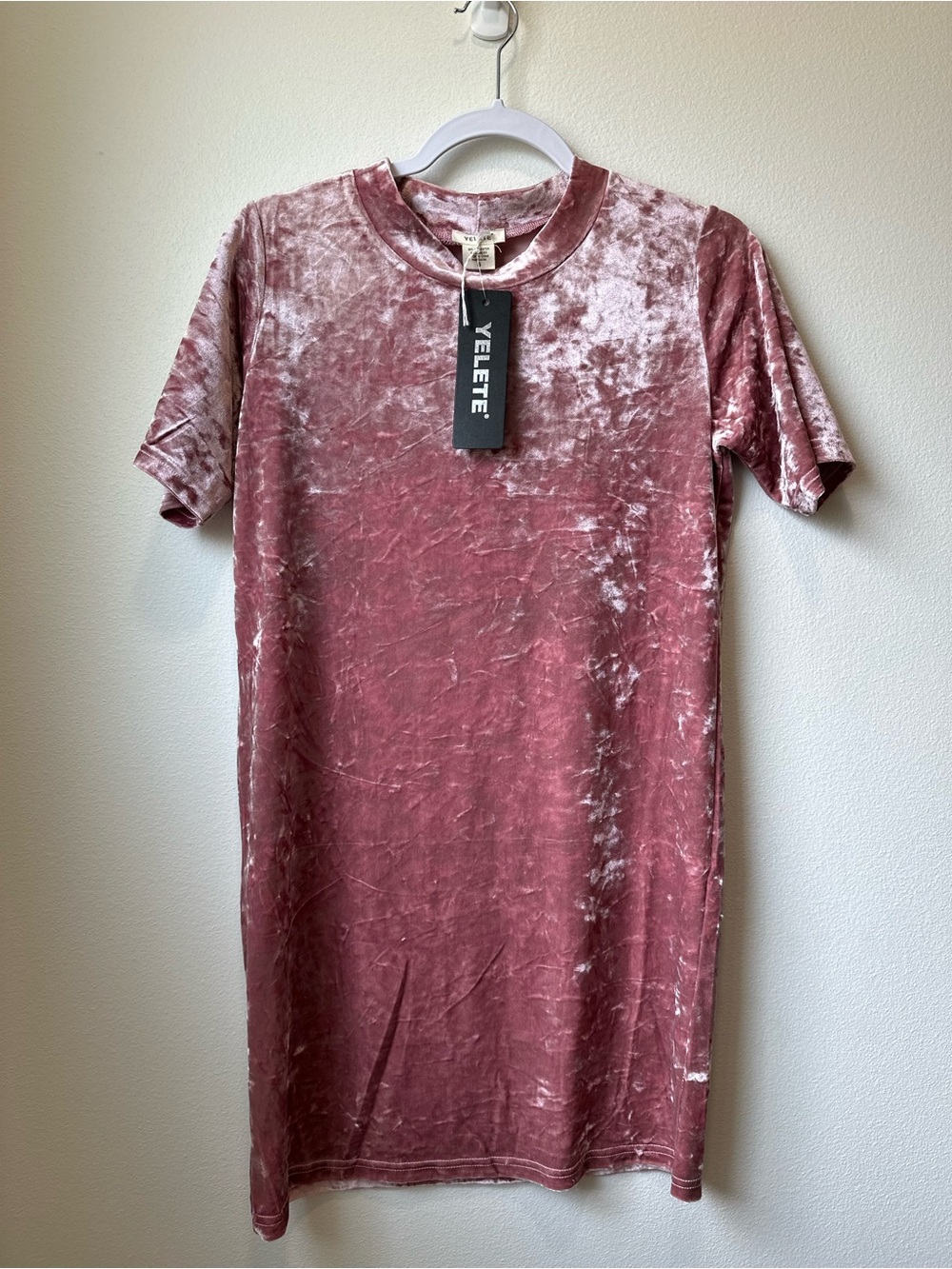 NWT Yelete Dusty Rose Crushed Velvet T-Shirt Mini Dress S